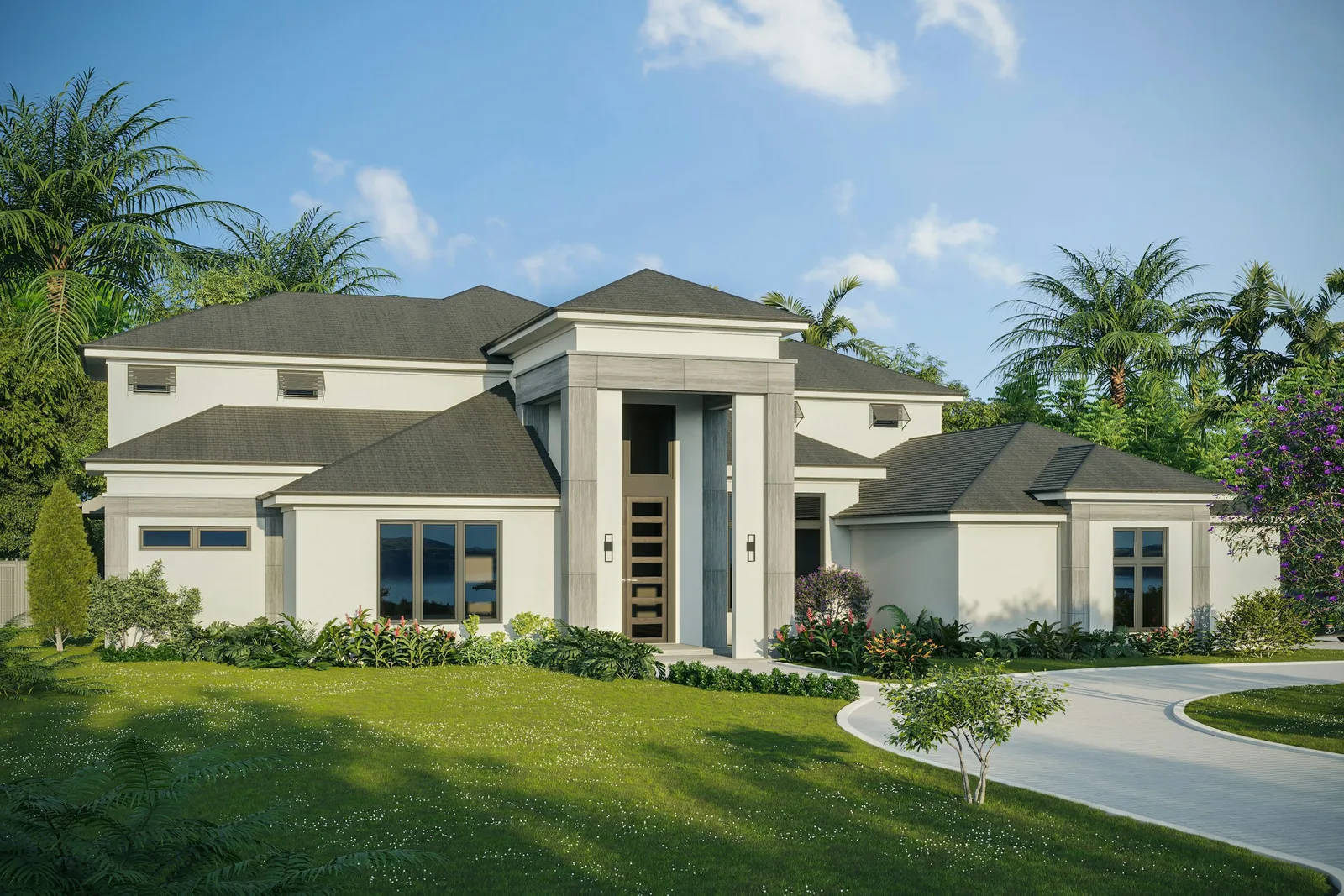 A well-kept residential property with a manicured lawn and landscaping